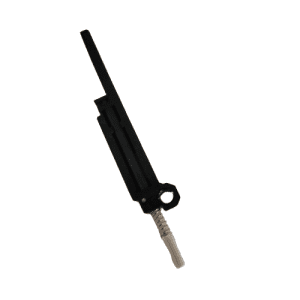 Black plastic mechanical part for Eppendorf Move It Pipettes (Research Plus, Xplorer Plus, Volume Unit, Multichannel, 100μL), with a long thin body and metal spring at one end, shown isolated on white background.