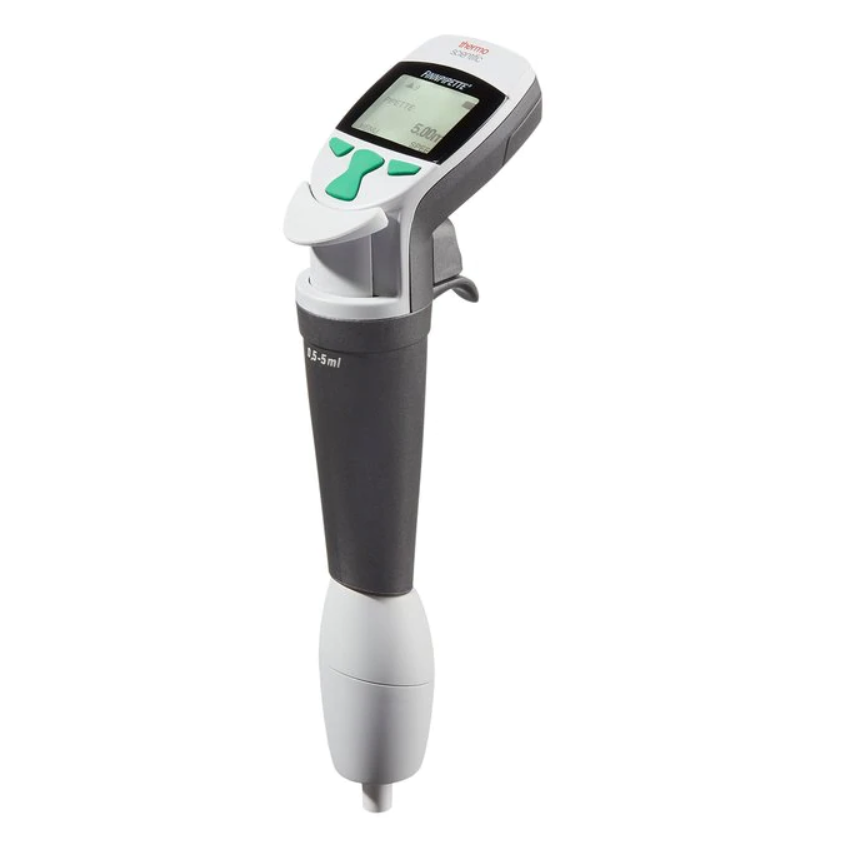 The Finnpipette Novus Electronic Single Channel Pipette, Green, 0.5-5mL (Thermo Scientific) offers precise liquid measurement and dispensing with electronic controls and a display screen.