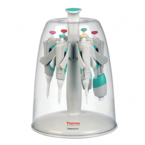 A set of laboratory pipettes on a Finnpipette Carousel Stand with Dome Cover (Thermo Scientific).