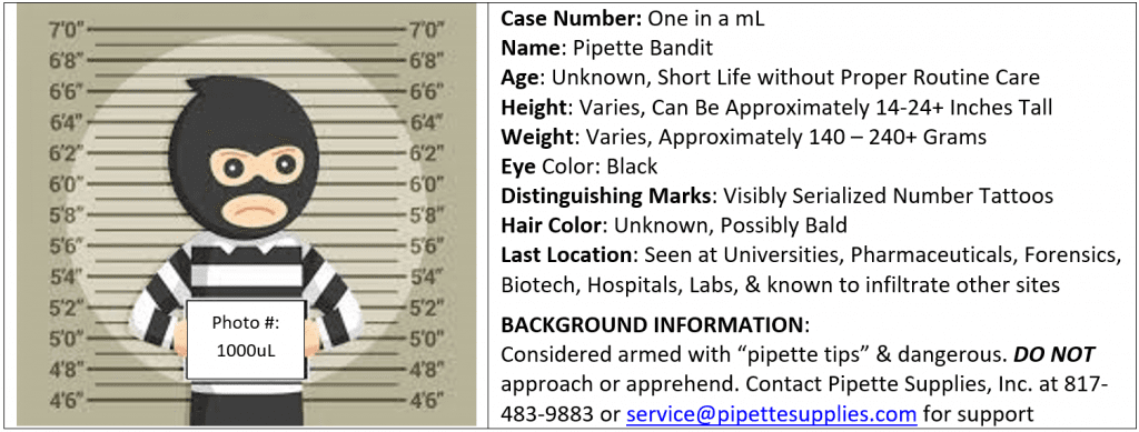 Cartoon of a masked figure labeled as “Pipette Bandit” alongside a profile listing traits, last location, and warnings not to approach—rumored to know all the secrets on how to use a pipette.