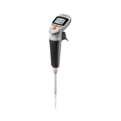 The Finnpipette Novus Electronic Single Channel Pipette, Orange, 30-300μL (Thermo Scientific) offers precise liquid measurement and transfer with a digital display and ergonomic design.