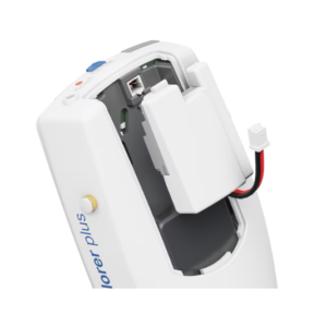 A close-up of a white Eppendorf Xplorer device with its battery compartment open, battery partially removed, and internal wiring visible near the Eppendorf Xplorer Connect Wi-Fi Module.