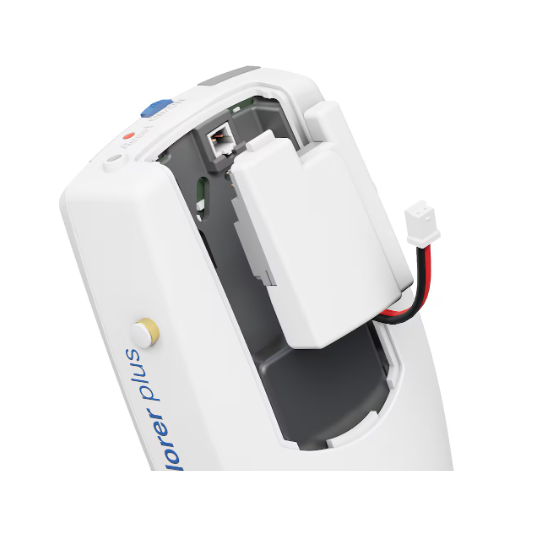 A close-up of a white Eppendorf Xplorer device with its battery compartment open, battery partially removed, and internal wiring visible near the Eppendorf Xplorer Connect Wi-Fi Module.