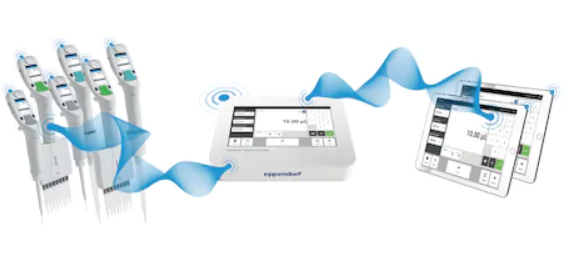A set of Eppendorf electronic pipettes wirelessly connected to the Pipette Manager (Eppendorf), an instrument that interfaces with two tablets for displaying control settings.