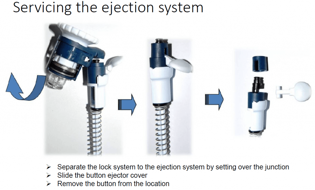 Step-by-step images guide you through Pipetman L ejector maintenance, including separating the lock, sliding off the ejector cover, and removing the button.