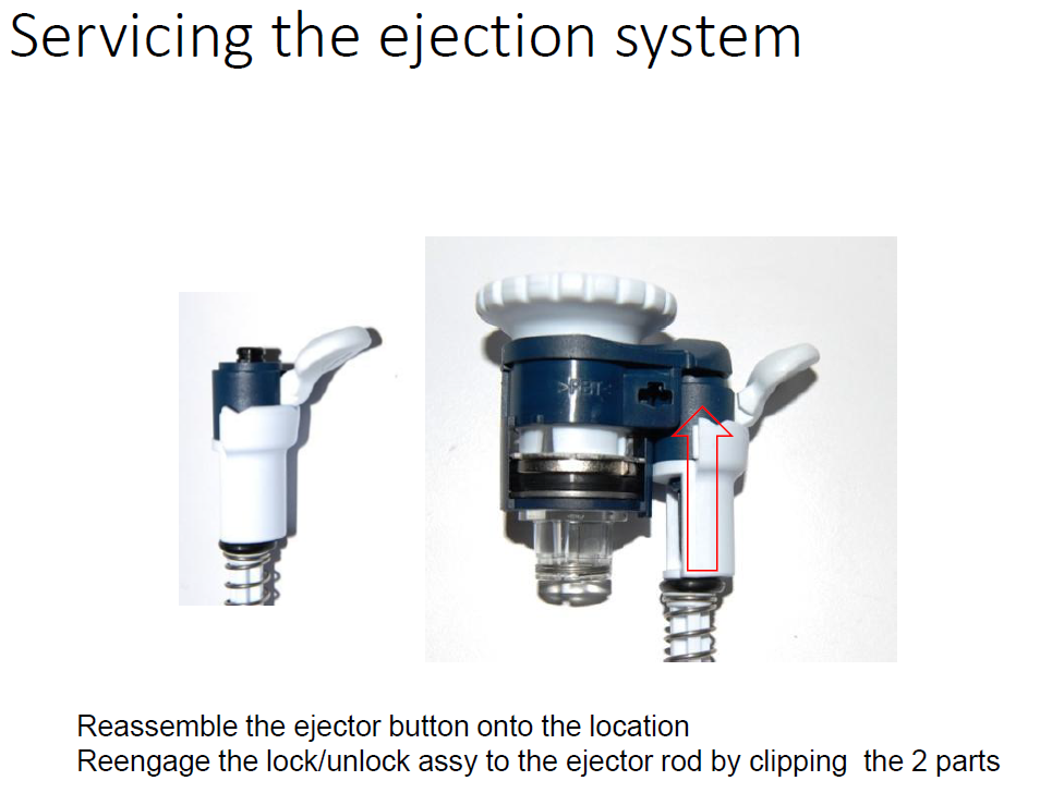 Two views of a Pipetman L ejection system component; an arrow shows how to reattach the lock/unlock assembly for easier ejector maintenance by clipping the two parts together.