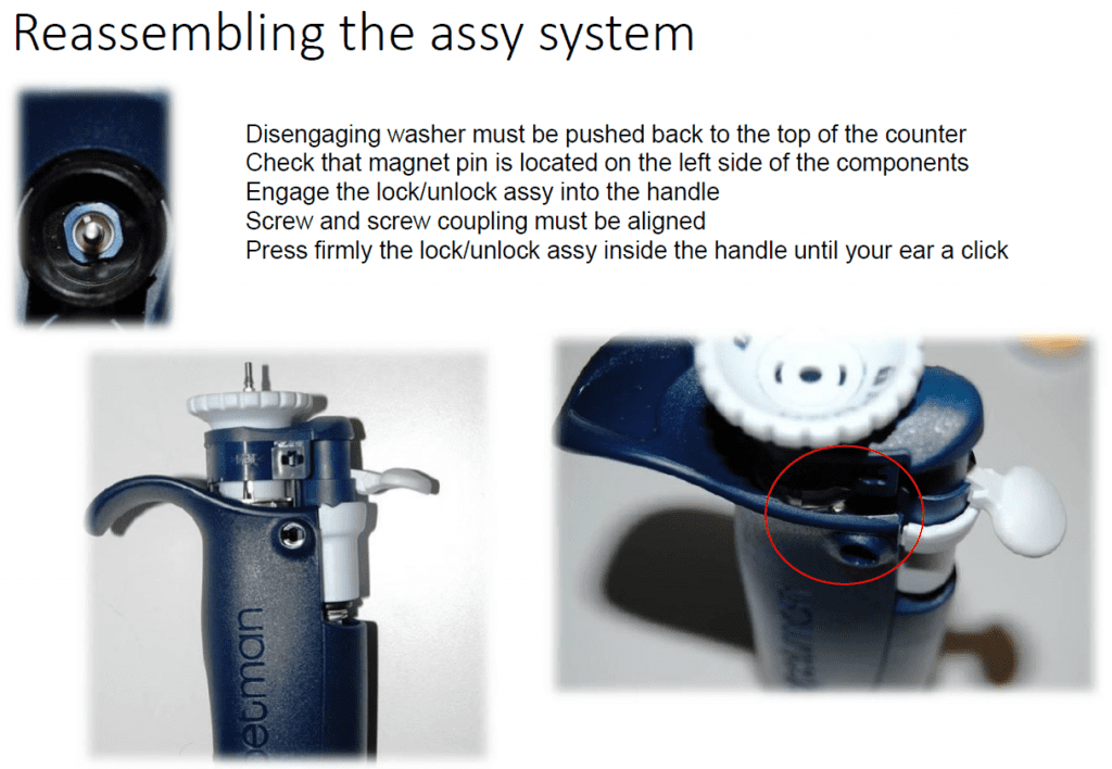 A Pipetman L handle with assembly instructions and a close-up showing the magnet pin location and lock/unlock mechanism, highlighted by a red circle—ideal for Pipetman maintenance and ejector maintenance tasks.