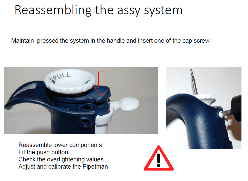 Close-up images show Pipetman L pipette maintenance, highlighting reassembling steps like cap screw insertion, with instructions and a checklist for final adjustments, calibration, and ejector maintenance.