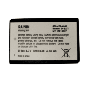 E4 XLS & E4 XLS+ Rechargeable Lithium-Ion Battery for single/multichannel Rainin pipettes. Specs: 3.7V, 1250mAh, 4.63Wh. Includes charging instructions and warnings. Made in China.