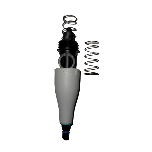 TS 2215570N The E1 ClipTip Tip Cone Assembly, a single channel 1250μL plastic tip fitting (Thermo Scientific), is shown disassembled with a spring, cylindrical parts, and an outer casing on a white background.