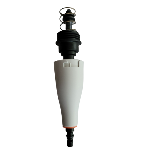 TS 2215580N A close-up of the E1 ClipTip Tip Cone Assembly (Thermo Scientific, 300μL) shows its black top spring, black middle section, and white barbed lower section, used in single-channel Plastic Tip Fitting systems.