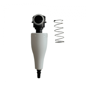 The E1 ClipTip Tip Cone Assembly, a 125μL plastic tip fitting for single-channel use (Thermo Scientific), is displayed beside a coiled metal spring on a white background.