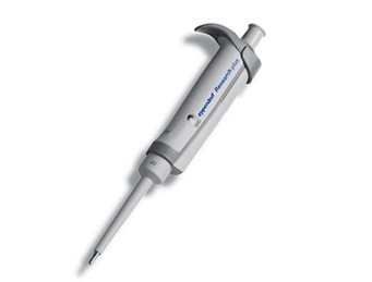 A yellow Eppendorf Research Plus Pipette, Single Channel, Fixed Volume 10μL, designed for precise liquid measurement in labs, is shown against a plain white background.