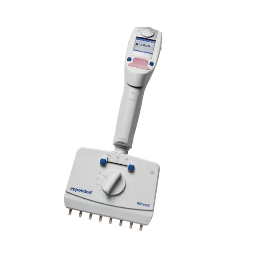 The Eppendorf Xplorer Plus Move It Adjustable Tip Spacing Pipette, 8-Channel, Light Pink, 1–20µL, offers digital display and customizable settings for efficient lab liquid handling.