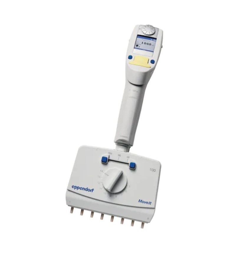 The Xplorer Plus Move It Adjustable Tip Spacing Pipette, 8-channel, light yellow, 5-100µL (Eppendorf) offers precise liquid handling with customizable volume control and digital display for laboratory use.