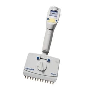 The Xplorer Plus Move It is a 12-channel, light yellow pipette with adjustable tip spacing (5-100µL), designed for precise liquid handling in labs.