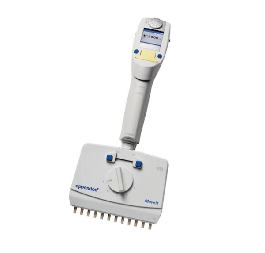 The Xplorer Plus Move It is a 12-channel, light yellow pipette with adjustable tip spacing (5-100µL), designed for precise liquid handling in labs.