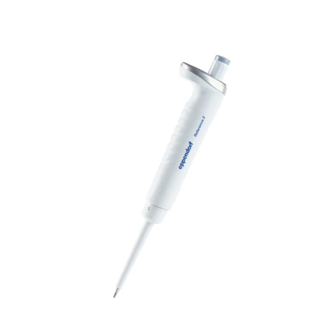 A medium gray single channel fixed volume 5 µL Reference 2 Pipette by Eppendorf is shown on a plain white background.