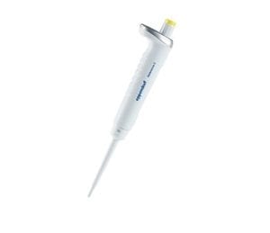 The Reference 2 Pipette, Single Channel, Fixed Volume, 50µL Yellow (Eppendorf), features a white body with a yellow button and is designed for precise laboratory liquid measurement and transfer.