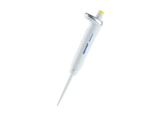 The Reference 2 Pipette, Single Channel, Fixed Volume, 50µL Yellow (Eppendorf), features a white body with a yellow button and is designed for precise laboratory liquid measurement and transfer.