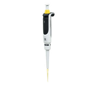 A Transferpette S Pipette, Single Channel, Fixed Volume F-20 (20μL, BrandTech), with a white and black body and a yellow-tipped disposable tip, is isolated on a plain white background.