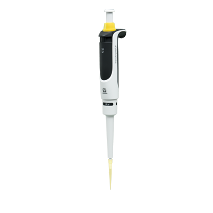 A Transferpette S Pipette, Single Channel, Fixed Volume F-20 (20μL, BrandTech), with a white and black body and a yellow-tipped disposable tip, is isolated on a plain white background.
