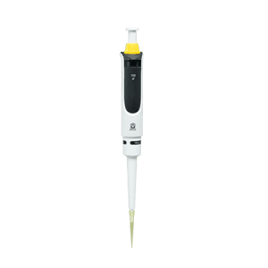 A BrandTech Transferpette S Single Channel Fixed Volume F-100 micropipette (100μL) with a yellow tip, shown isolated on a white background.