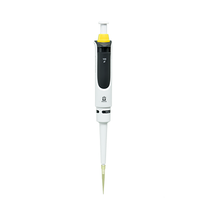 A BrandTech Transferpette S Single Channel Fixed Volume F-100 micropipette (100μL) with a yellow tip, shown isolated on a white background.