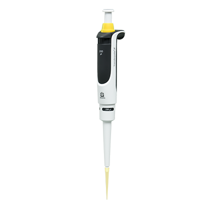 The Transferpette S Pipette, Single Channel, Fixed Volume F-200 (200μL, BrandTech) is used with a yellow tip for precise measurement and transfer of liquids in the lab.