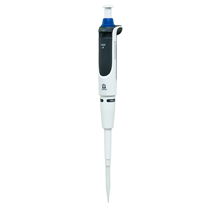 A BrandTech Transferpette S Single Channel Fixed Volume Pipette, F-1000 (1000μL), with a blue push button and white body is shown against a plain white background.