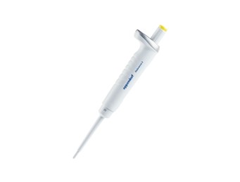 The Reference 2 Pipette, Single Channel, Fixed Volume, 20µL Yellow (Eppendorf) is a white laboratory micropipette with a yellow button used for precise measurement and transfer of small liquid volumes.