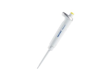 A Reference 2 Pipette, Single Channel, Fixed Volume, 25µL Yellow (Eppendorf), white with a yellow button, is angled on a plain white background.