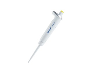 The Reference 2 Pipette, Single Channel, Fixed Volume, 10µL Medium Yellow (Eppendorf), features a white body and yellow button for precise liquid measurement in laboratory settings.