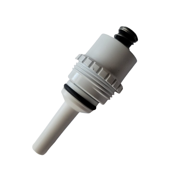 White plastic valve with threaded section and O-rings for use in Rainin Pipet-Lite/XLS, XLS+, Pipet-Plus piston assembly for LTS & Trad Shafts, L, RL, SL, XLS 5mL models. Isolated on a white background.
