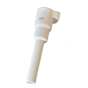 A white cylindrical plastic object with "500" printed on it, likely the Eppendorf Research Plus Fixed Volume Ejector Sleeve, 500μL, is photographed against a white background.