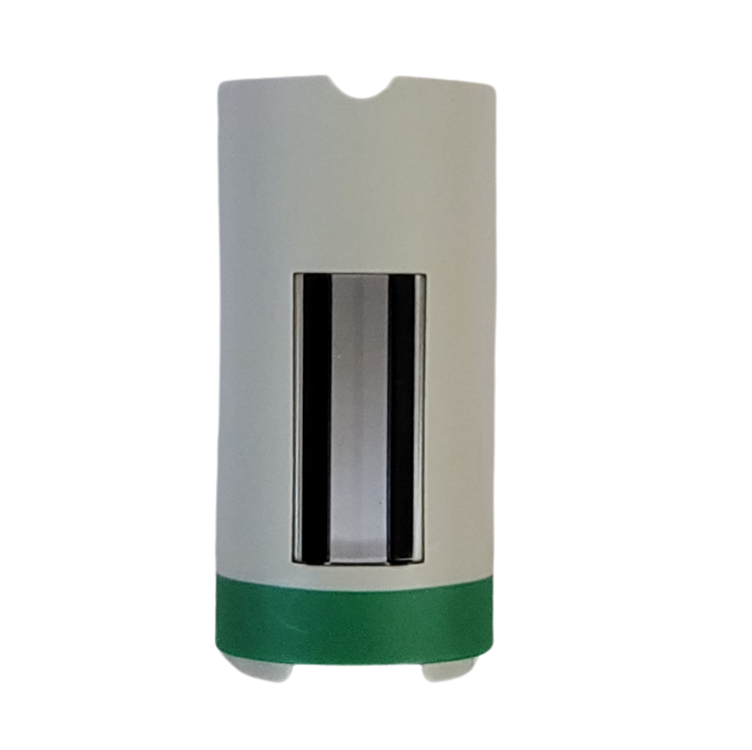 The Eppendorf Research Plus Display Window Variable Volume 1200μL pipette features a white cylindrical body, green base, and a central vertical display window showing metallic components, all set against a white background.