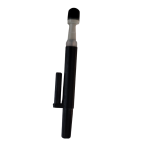 A black and white vape pen with a mouthpiece and clip, isolated on a white background, featuring a sleek design inspired by the Eppendorf Research Plus Xplorer Plus multichannel pipette (16/24 channels, 20μL).