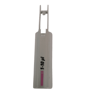 The Finnpipette F1 ClipTip Upgrade Tip Ejector Pusher Lower Part, Grey, 1-10μL (Thermo Scientific), features a single-line test strip showing one pink line labeled 1-10 µl against a white background in a white plastic holder.