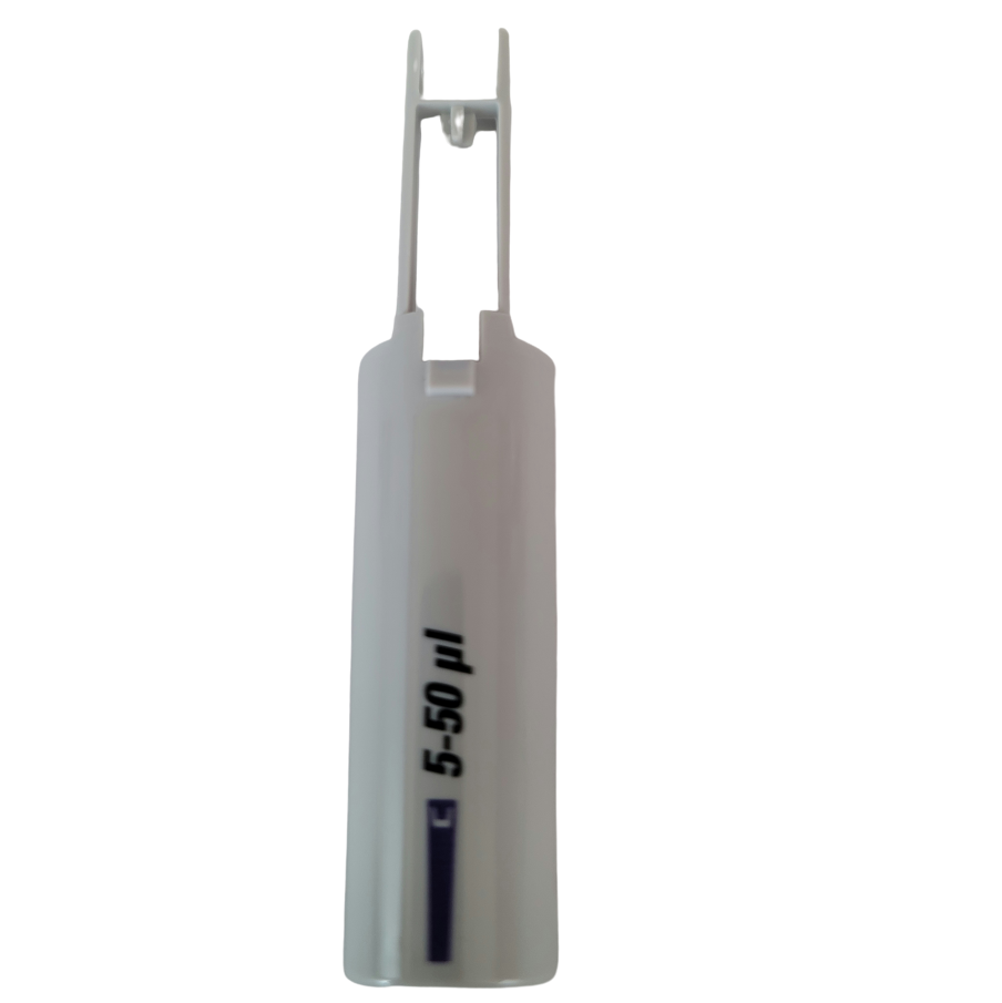 Grey tip ejector pusher lower part, labeled 5-50 μL for Finnpipette F1 ClipTip Upgrade by Thermo Scientific, stands upright on a white background.
