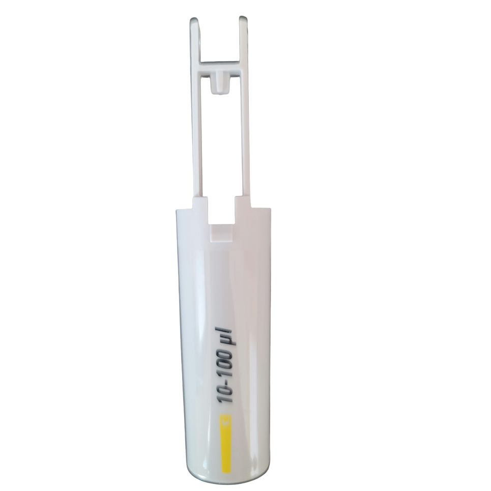 A grey Finnpipette F1 ClipTip Upgrade Tip Ejector Pusher Lower Part, 10-100 μL (Thermo Scientific), is shown with a transparent vertical holder on a white background.