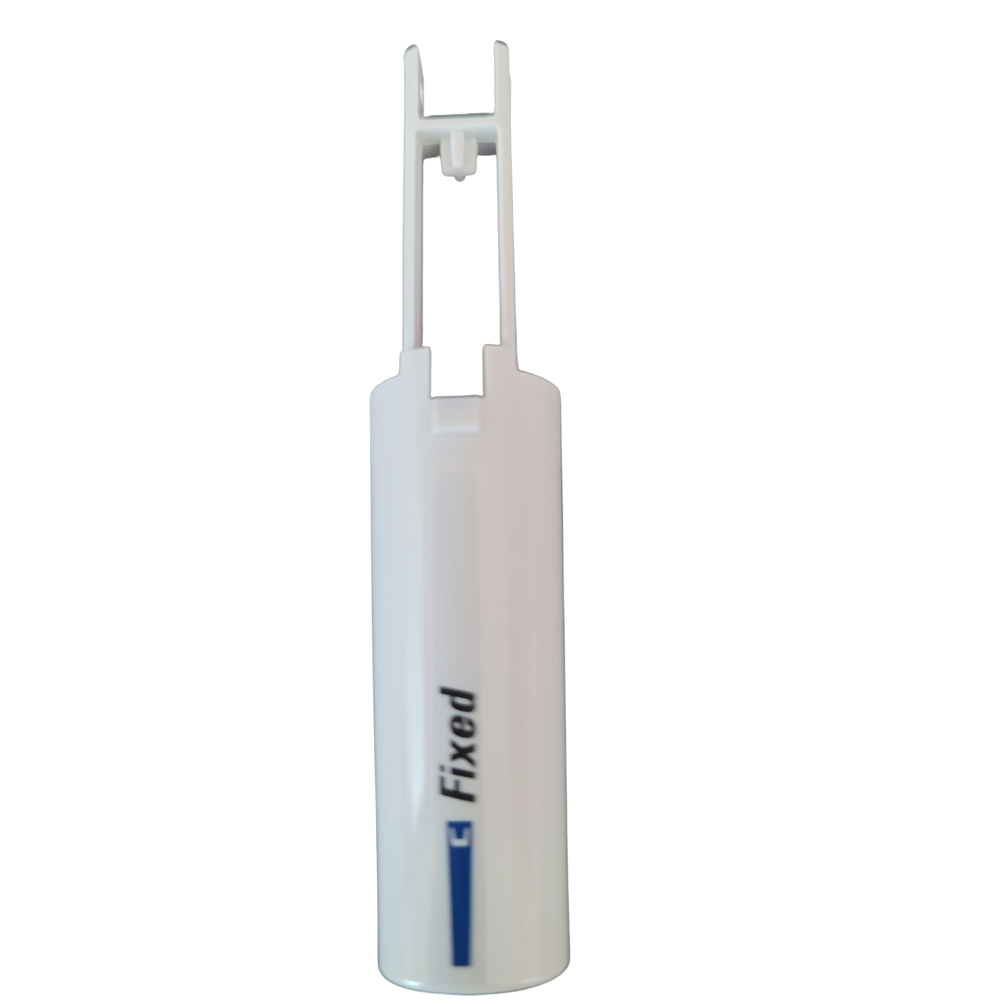 A grey lower part labeled "Fixed," designed as a Tip Ejector Pusher for Thermo Scientific Finnpipette F1 ClipTip Upgrade, compatible with fixed volumes.