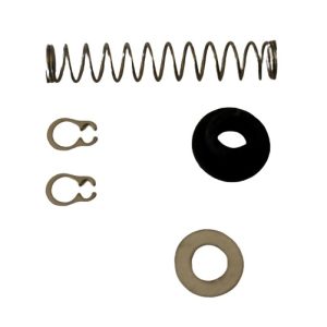 Assorted small parts from the Labnet Ejector Arbor Fixing Kit, including a coil spring, two C-clips, a rubber grommet, and a flat washer, are arranged on a white background.