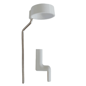 A Rainin Tip Ejector, Single Channel, LTS & Universal Shaft, 20mL (Rainin), with a white plastic cap and metal bent tube, is shown alongside a separate white L-shaped plastic piece on a plain background.