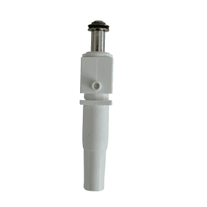 A Rainin Nozzle & Piston Assembly, Multichannel, 200μL is shown upright on a plain white background, resembling an electrical connector with its white plastic and metal construction.