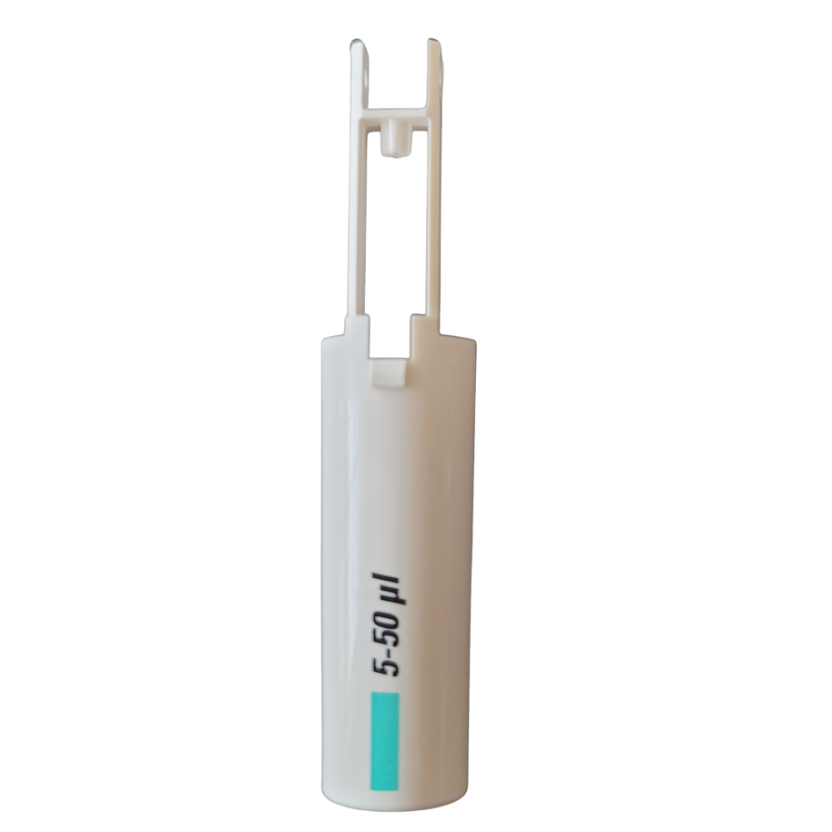White plastic Finnpipette F1 Upgrade Tip Ejector Pusher Lower Part, 50μL Micro (Thermo Scientific), with blue mark, labeled 5-50 µl; stands upright on white background and is compatible with Thermo Scientific pipettes.