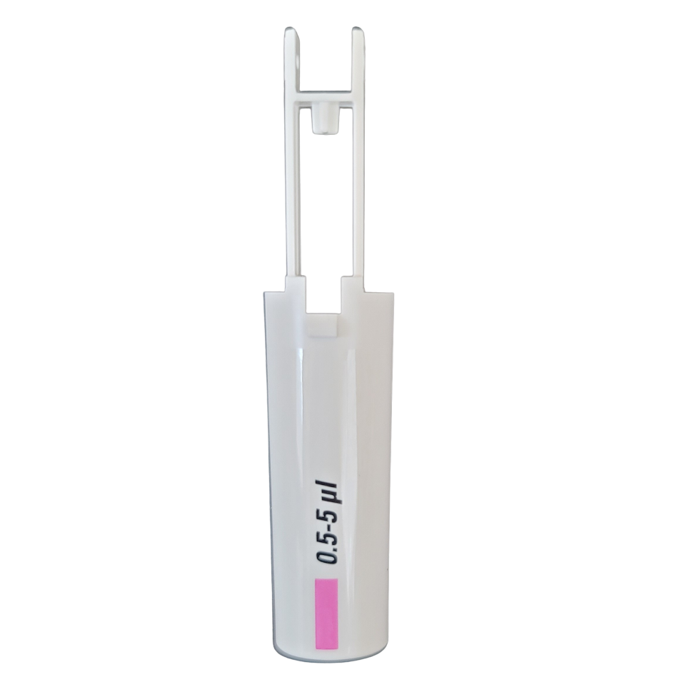 A Finnpipette F1 Upgrade Tip Ejector Pusher Lower Part, 5μL (Thermo Scientific), white with a pink band and 0.5-5 μl marking, designed for precise liquid measurement.