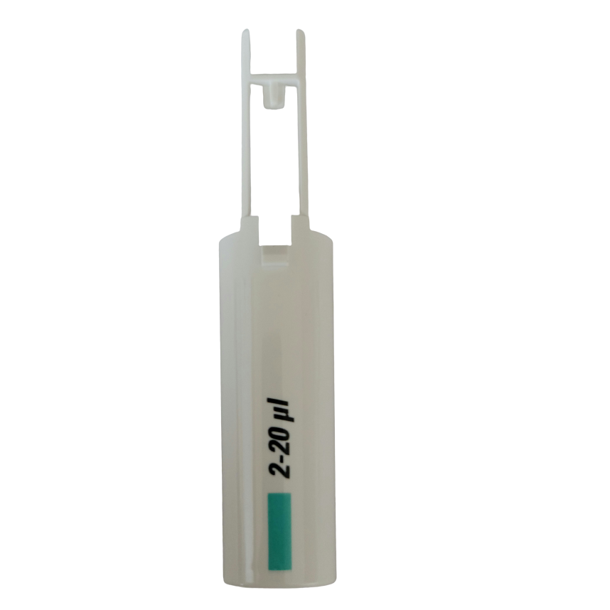 The Finnpipette F1 Upgrade 20μL Micro (Thermo Scientific) features a Tip Ejector Pusher Lower Part, transparent window, and blue measurement indicator.