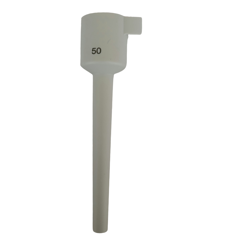 EP 3121602007 The Eppendorf Research Plus Fixed Volume Ejector Sleeve, 50μL, is a white plastic measuring scoop with a long handle and "50" printed on the side.