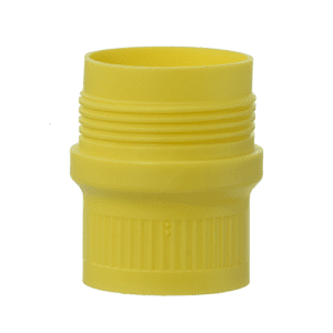 A yellow plastic threaded connector fitting for Transferpette S Upper Ejector, Single Channel (2020+), 20µL-200µL (BrandTech), shown upright against a plain white background.