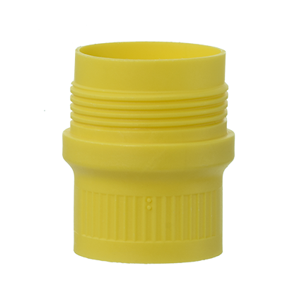 705509 A yellow plastic threaded connector fitting for Transferpette S Upper Ejector, Single Channel (2020+), 20µL-200µL (BrandTech), shown upright against a plain white background.